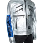 Silver Printed Zipper Biker Leather Jacket