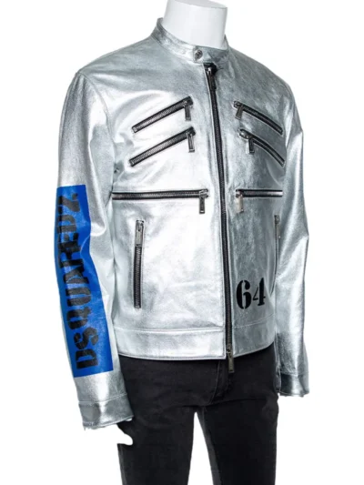 Silver Printed Zipper Biker Leather Jacket