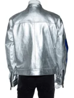 Silver Printed Zipper Biker Leather Jacket back side