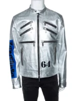 Silver Printed Zipper Biker Leather Jacket front side