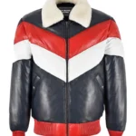Men's Color Block Shearling Leather Bomber Jacket – Vintage Winter Flight Jacket
