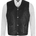 Men's Black Leather Vest – Classic Snap Button Leather Waistcoat