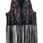 Women's Black Fringe Leather Vest – Hand Painted Boho Leather Vest