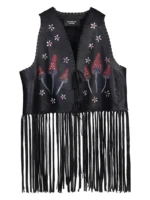 Women's Black Fringe Leather Vest – Hand Painted Boho Leather Vest