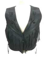 Vintage Womens Fringe Black Leather Biker Vest (2)