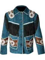 Western Cowboy Blue Suede Leather Jacket - thecreativeleather.com