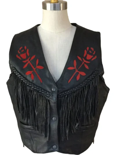 Woman's Black Fringe Leather Biker Vest (1) - the creative leather
