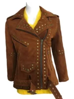 Women Brown Studded Suede Leather Jacket (1)