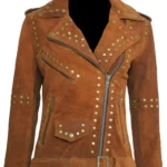 Women Brown Studded Suede Leather Jacket - thecreativeleather.com
