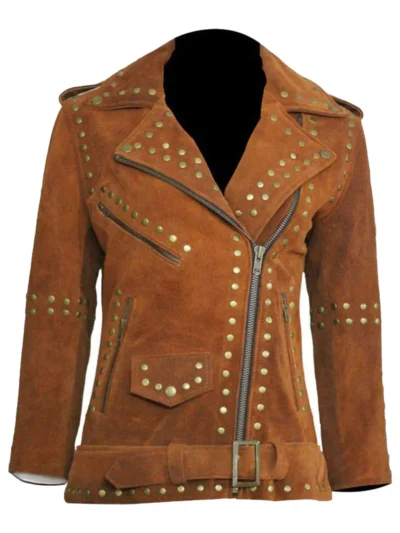 Women Brown Studded Suede Leather Jacket - thecreativeleather.com