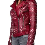 Women Burgundy Studded Leather Jacket