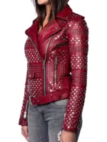 Women's Burgundy Studded Leather Jacket – Premium Moto Biker Jacket with Silver Studs