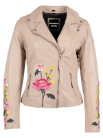 Women's Beige Floral Embroidered Leather Jacket – Premium Moto Biker Jacket