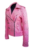 Women Pink Studded Genuine Leather Jacket (1)