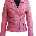 Women Pink Studded Genuine Leather Jacket