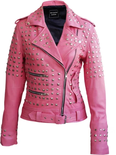 Women Pink Studded Genuine Leather Jacket