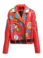 Women's Red Graphic Print Leather Jacket – Colorful Cropped Moto Biker Jacket