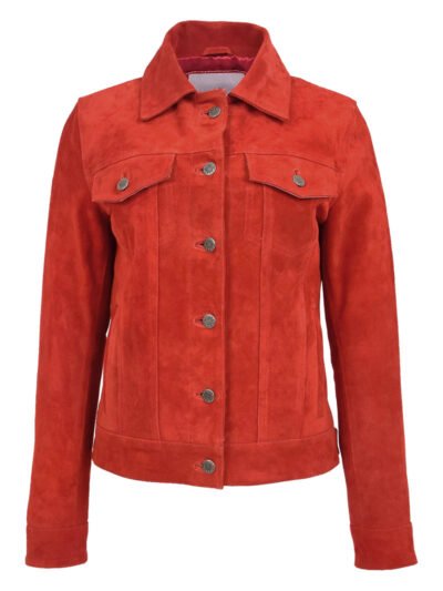 Women Trucker Red Suede Leather Jacket