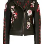 Women embroidered biker leather jacket