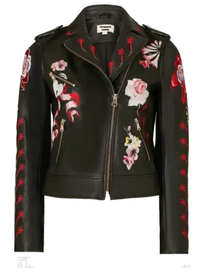 Women embroidered biker leather jacket