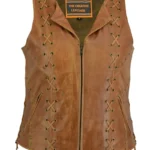 Women's Tan Lace-Up Leather Vest – Vintage Zip Front Motorcycle Leather Waistcoat