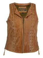 Women's Tan Lace-Up Leather Vest – Vintage Zip Front Motorcycle Leather Waistcoat
