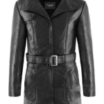 Women's Black Belted Leather Car Coat