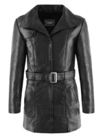 Women's Black Belted Leather Car Coat