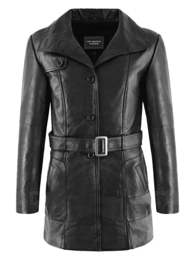 Womens Classic Black Leather Trench Coat