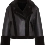 Women’s Black Shearling Sheepskin Jacket Cropped Leather with Fur Collar