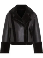Women’s Black Shearling Sheepskin Jacket Cropped Leather with Fur Collar