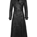 Women's Black Double-Breasted Long Leather Trench Coat with Belt