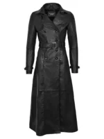 Women's Black Double-Breasted Long Leather Trench Coat with Belt