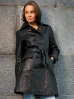 Black Leather Trench Coat For Womens