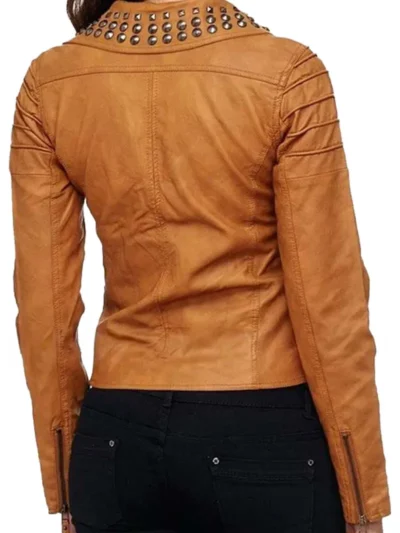 Womens Stylish Brown Studded Biker Leather Jacket (1)