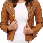 Women's Tan Studded Moto Leather Jacket