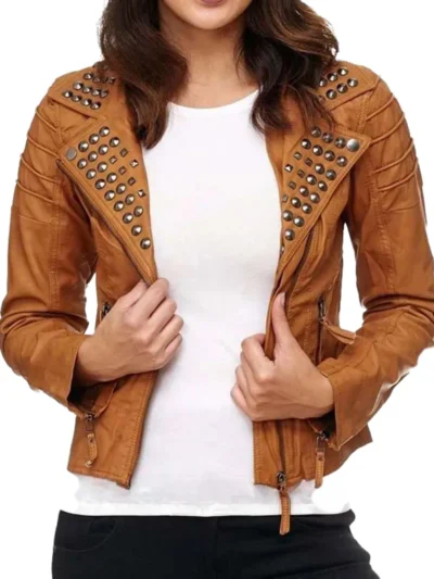 Womens Stylish Brown Studded Biker Leather Jacket - women leather jackets