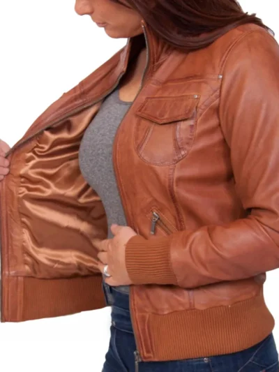 Women’s Tan Leather Bomber Jacket (1)