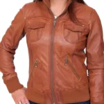 Women’s Tan Leather Bomber Jacket - thecreativeleather.com
