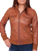 Women’s Tan Leather Bomber Jacket - thecreativeleather.com