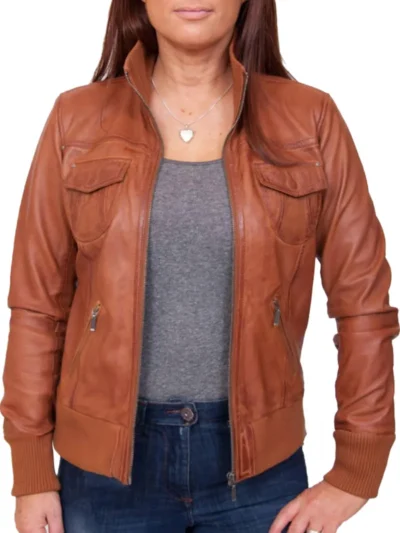 Women’s Tan Leather Bomber Jacket (4)