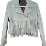 Womens Western American Real Suede Leather Moto biker Style Fringe Jacket