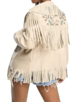 women embroidered fringe leather jacket back side