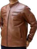 plain brown leather jacket side pose