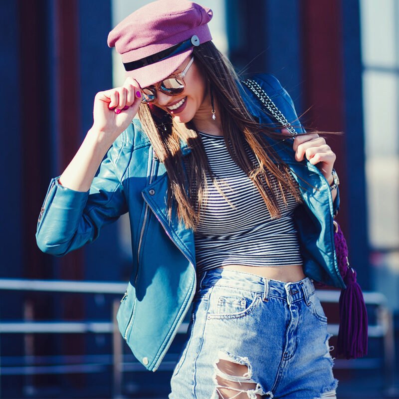 Women's Blue Cropped Leather Jacket