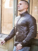 Cafe Racer Bomber Leather Jacket wearing a modal