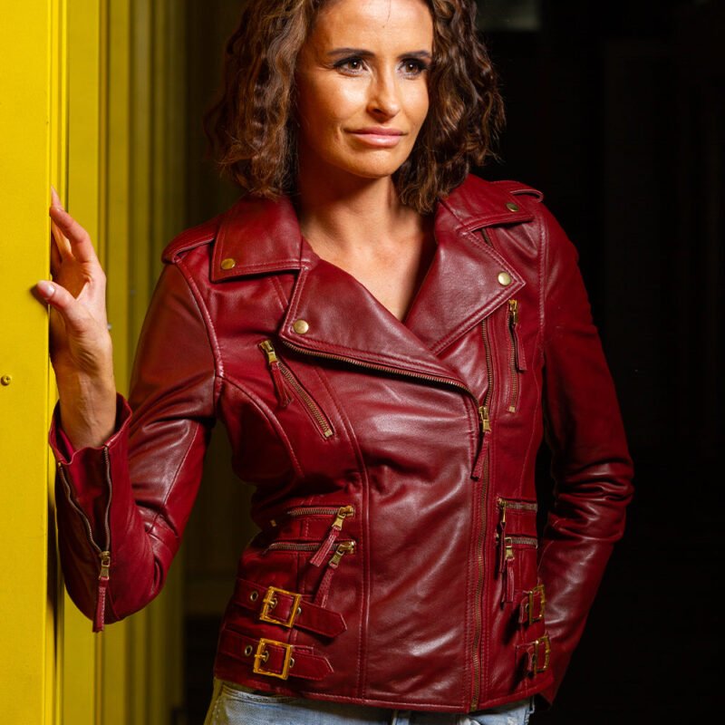 Women's Burgundy Leather Biker Jacket