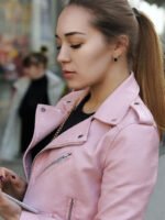 Women Biker Light Pink Leather Jacket