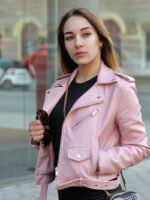 Women Biker Light Pink Leather Jacket