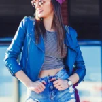 Women’s Blue Cropped Leather Jacket